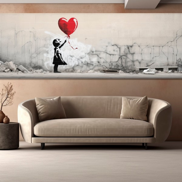 Meisje met ballon canvas print, Banksy stijl kunst aan de muur, ballon meisje canvas kunst, graffiti straatkunst schilderij, ingelijst en klaar om op te hangen