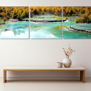 Five Color Ponds at Huanglong Valley Canvas Print, Huanglong Wall Art, Large Asian Nature Painting, Framed and Ready to Hang