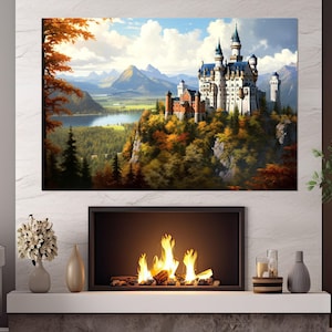 Neuschwanstein Castle Painting Canvas Print, Ancient German Castle Poster, Bavaria Wall Art, Framed and Ready to Hang