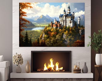 Neuschwanstein Castle Painting Canvas Print, Ancient German Castle Poster, Bavaria Wall Art, Framed and Ready to Hang
