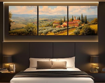 Olivenbäume in der Toskana Malerei Leinwanddruck, Olivenhain in Italien Wandkunst, Panorama Italien, Malerische Italienische Hügellandschaft, Fertig zum Aufhängen