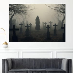 Arte de parede gótica, impressão em tela de mulher no cemitério, pintura gótica vintage, arte de parede da Dark Academia, emoldurada e pronta para pendurar