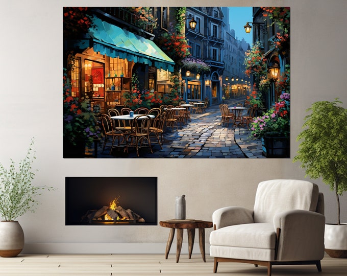 French Street Painting Canvas Print, Romantic Wall Art, France Retro Painting, French Wall Art, Framed and Ready to Hang