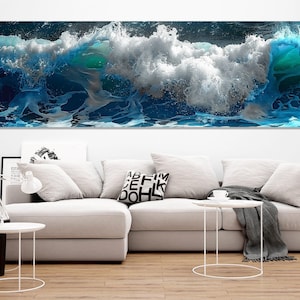 Tiefblaue Meereswellen Malerei Leinwanddruck, Panorama-Wandkunst, Abstrakte Meerwasser-Leinwandkunst, Ozean-Wanddekor, gerahmt und fertig zum Aufhängen