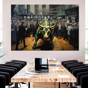 Wall Street Bull Painting Canvas Print, Abstract Wall Street Wall Art, Charging Bull Canvas Print, Framed and Ready to Hang
