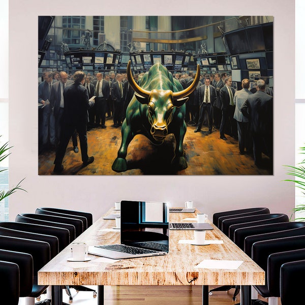 Wall Street Bull Painting Canvas Print, Abstract Wall Street Wall Art, Charging Bull Canvas Print, Framed and Ready to Hang