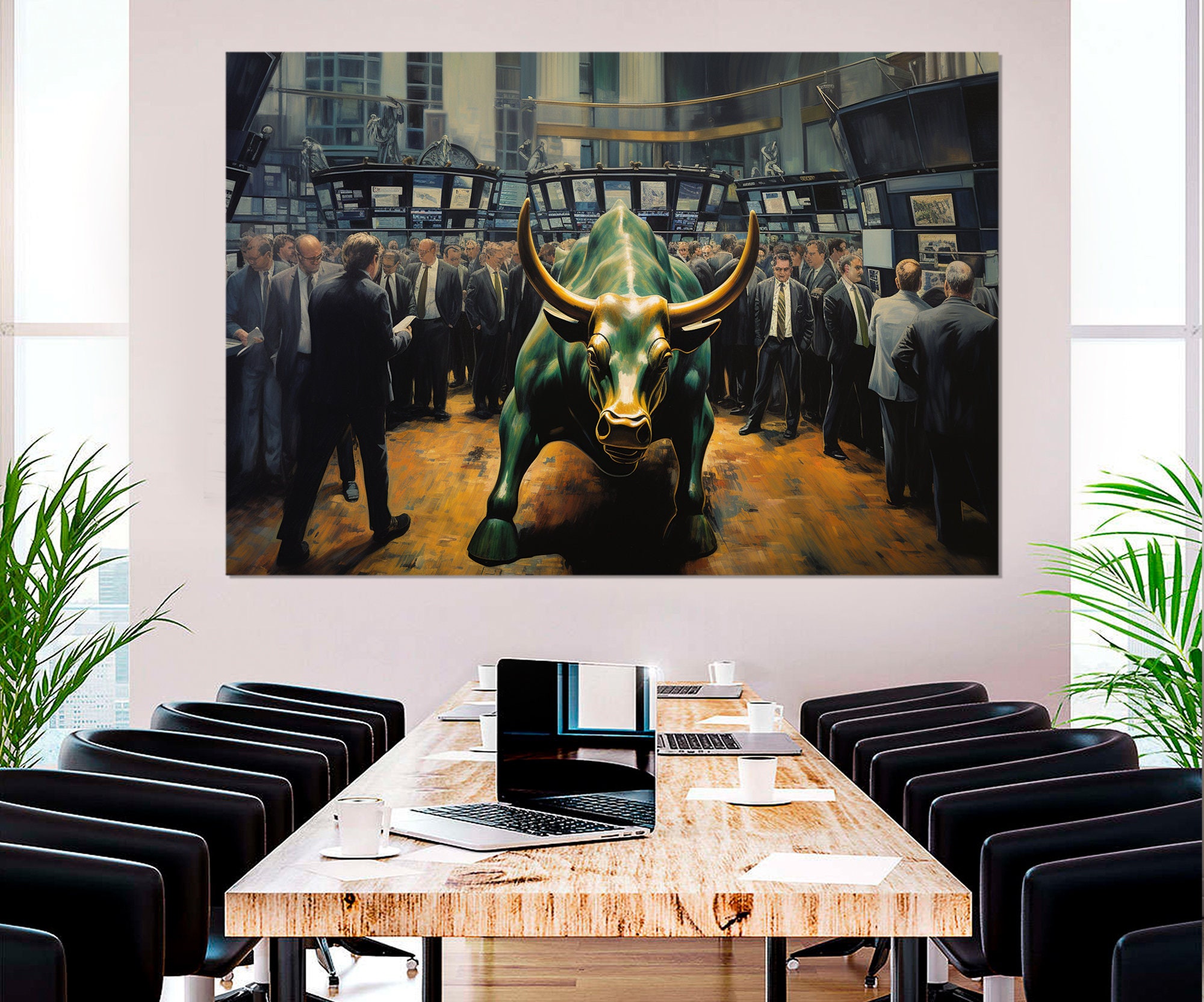 Wall Street Bull Painting Canvas Print, Abstract Wall Street Wall Art, Charging Bull Canvas Print, Framed and Ready to Hang