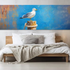 Stampa su tela "Gabbiano appollaiato sul molo", dipinto astratto di un gabbiano, arte murale con uccelli, poster minimalista con uccelli, incorniciato e pronto da appendere.