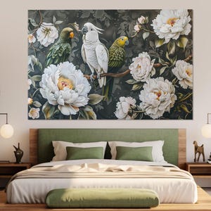 Abstract Parrots in Flowers Canvas Print, Exotic Wall Art, Parrots Painting, Parrots Poster, Birds Wall Art, Framed and Ready to Hang