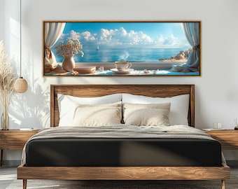 Impression sur toile de fenêtre avec vue sur la mer, café du matin avec peinture de paysage marin, art mural nautique pittoresque, encadré et prêt à accrocher