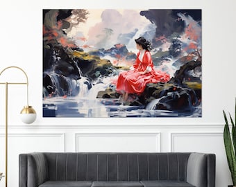 Arte mural japonés, impresión abstracta japonesa en lienzo, pintura japonesa, arte asiático en lienzo, decoración de pared asiática, enmarcado y listo para colgar.