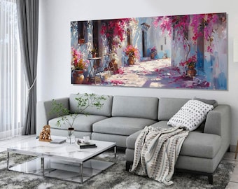 Scenic Greek Island Street with Pink Flowers Painting Canvas Print, Santorini Street Painting, Oia Village Wall Art, Framed & Ready to Hang