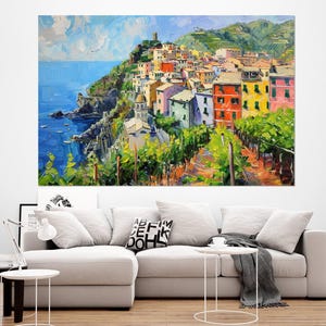 Corniglia, Cinque Terre Painting Canvas Print, Liguria, Italy Wall Art, Corniglia Poster, Italian Wall Art, Framed and Ready to Hang