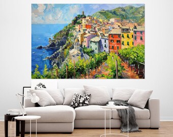 Corniglia, Cinque Terre Painting Canvas Print, Liguria, Italy Wall Art, Corniglia Poster, Italian Wall Art, Framed and Ready to Hang
