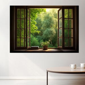 Open Window with Forest View Painting Canvas Print, Forest Canvas Art, Framed and Ready to Hang