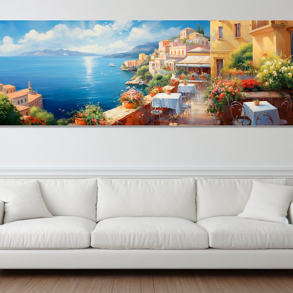 Beautiful Italy Coast Oil Painting Canvas Print, Italy Wall Art, Panoramic Sea View Painting, Framed and Ready to Hang