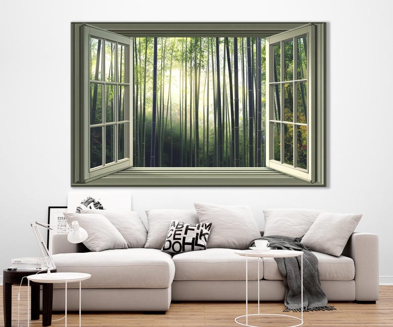 Open Window with Bamboo Forest View in Japan Canvas Print, Bamboo Trees Wall Art, Japan Window Painting, Framed and Ready to Hang image 7