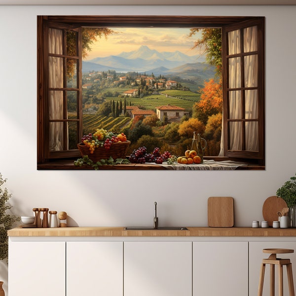 Open Window with Tuscany View Canvas Print, Tuscany Painting, Winemaking Wall Art, Framed and Ready to Hang