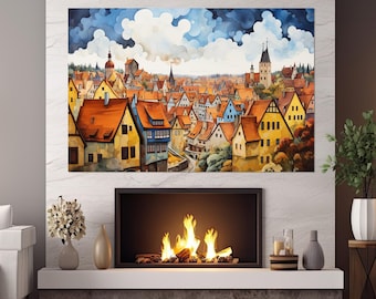 Rothenburg Painting Canvas Print, Abstract Rothenburg Wall Art, German Wall Art, Rothenburg Poster, Framed and Ready to Hang