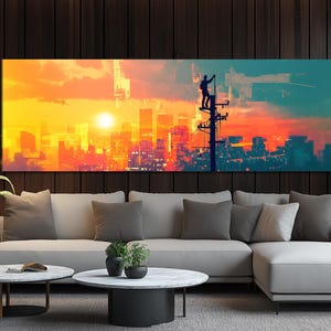Electrician Silhouette on the Electric Pole Canvas Print, Electricity Wall Art, Electrician Gift, Framed and Ready to Hang