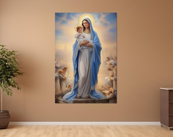 The Virgin Mary with Jesus Christ Canvas Print, Catholic Canvas Art, Virgin Mary Painting, Christian Icon Poster, Framed and Ready to Hang