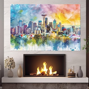 Seattle Abstract Canvas Print, Seattle Painting, Seattle Wall Art, Seattle Skyline,  Seattle Poster, Framed and Ready to Hang