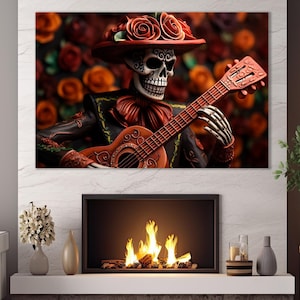 Day of the Dead Wall Art, Skeleton with Guitar Canvas Print, Day of the Dead Painting, Mexican Wall Decor, Framed and Ready to Hang