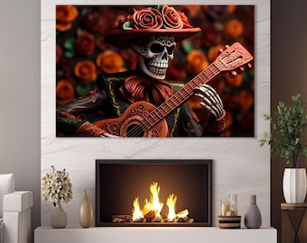 Arte de pared del Día de Muertos, impresión en lienzo de esqueleto con guitarra, pintura del Día de Muertos, decoración de pared mexicana, enmarcada y lista para colgar