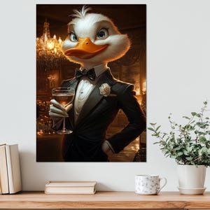Elegant Duck in Suit with a Glass of Wine Canvas Print, Gentleman Wall Art, Gentleman Duck Painting Canvas Print, Framed and Ready to Hang