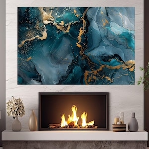 Blue Marble Painting, Marble Canvas Print, Abstract Contemporary Wall Art, Abstract Wall Art, Blue and Gold Marble, Framed and Ready to Hang