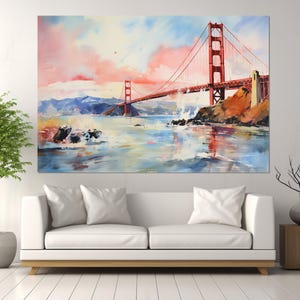 Golden Gate Bridge Retro Style Oil Painting Canvas Print, San Francisco Wall Art, Framed and Ready to Hang