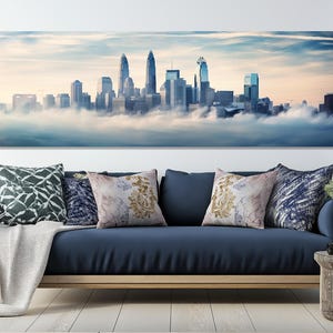 Misty Charlotte Painting Canvas Print, Abstract Charlotte Wall Art, Large Charlotte Skyline, Charlotte Poster, Framed and Ready to Hang