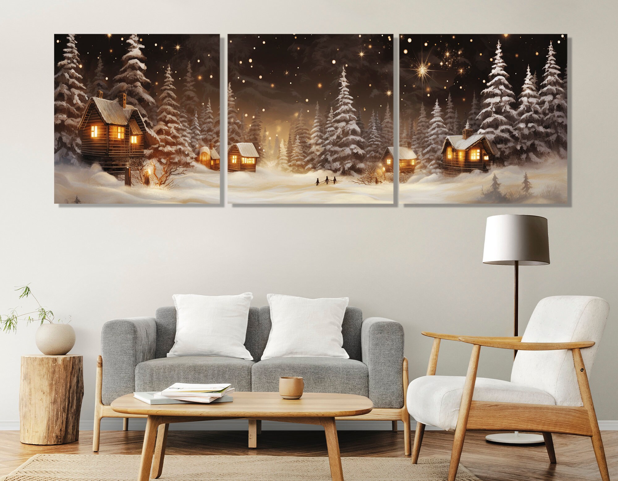 冬の村の絵画キャンバスプリント、冬の壁アート、クリスマスの壁飾り