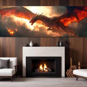 Landschaftsdrache Leinwand Druck, großes Drachen Poster, Drachen Wandkunst, Fantasy Wanddekor, Fantasy Malerei, gerahmt und fertig zum Aufhängen