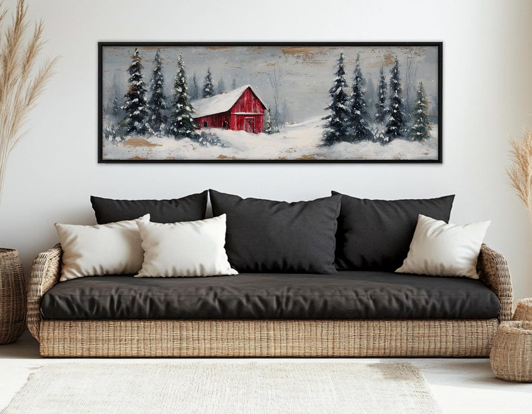 Snowy Landscape With Red Barn and Pine Trees Canvas Print, Winter Wall ...