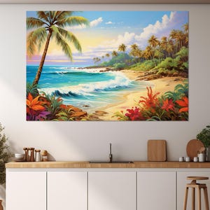 Tropische Strand Malerei Leinwanddruck, Strand Wandkunst, Bunte Küsten Malerei, gerahmt und fertig zum Aufhängen