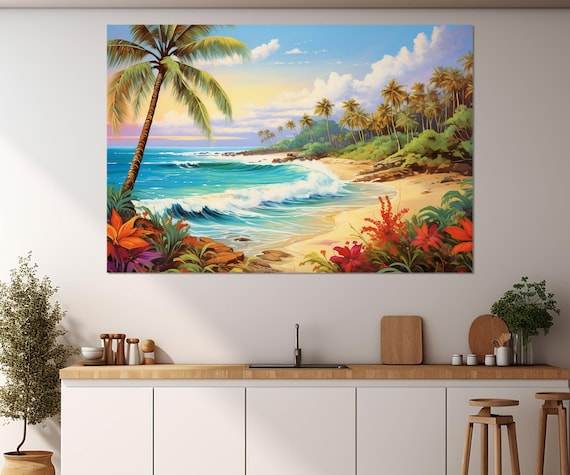 Tableau Toile 4 Pièces Vagues Tropicales Plage - Art Mural Papier Peint Déco P