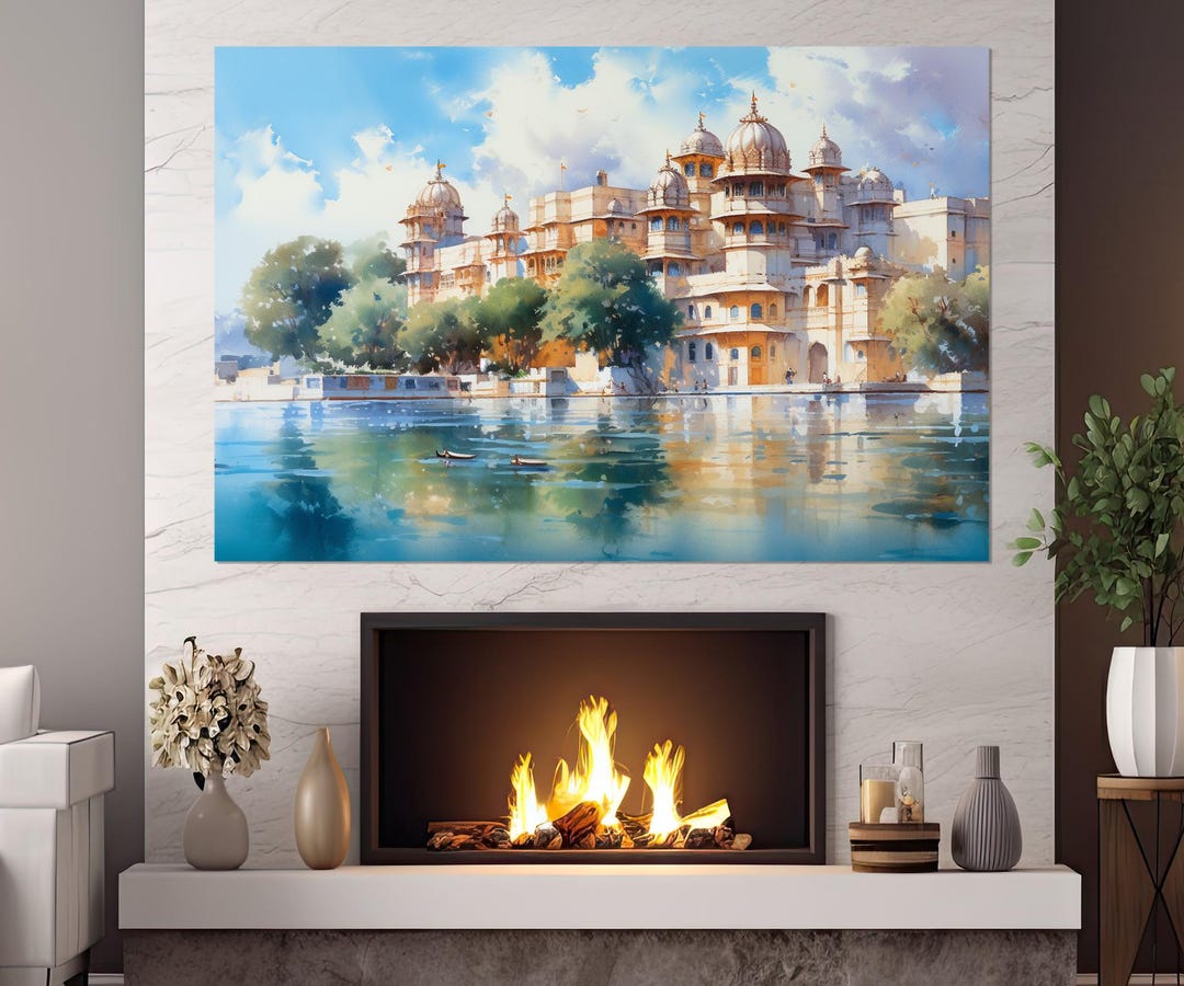 Abstract Udaipur City Palace in India Painting Canvas Print, Lake ...