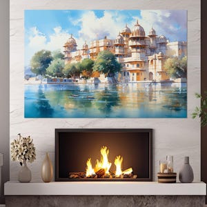 Abstract Udaipur City Palace in India Painting Canvas Print, Lake Pichola, Indian Wall Art, Indian Architecture, Framed and Ready to Hang