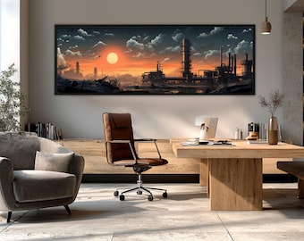 May include: A framed landscape art print depicting an industrial scene at sunset. The artwork features a large sun, dark silhouettes of factory structures, and a sky with clouds. The print is displayed above a wooden desk and chair.
