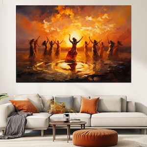 Spiritual Women Dance around Fire Painting Canvas Print, Mystic Dance Wall Art, Dance Studio Wall Decor, Framed and Ready to Hang