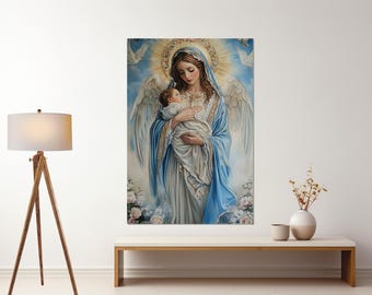 Mary, Mother of Jesus Canvas Print, The Virgin Mary with Jesus Christ Painting, Virgin Mary Poster, Christian Icon, Framed and Ready to Hang
