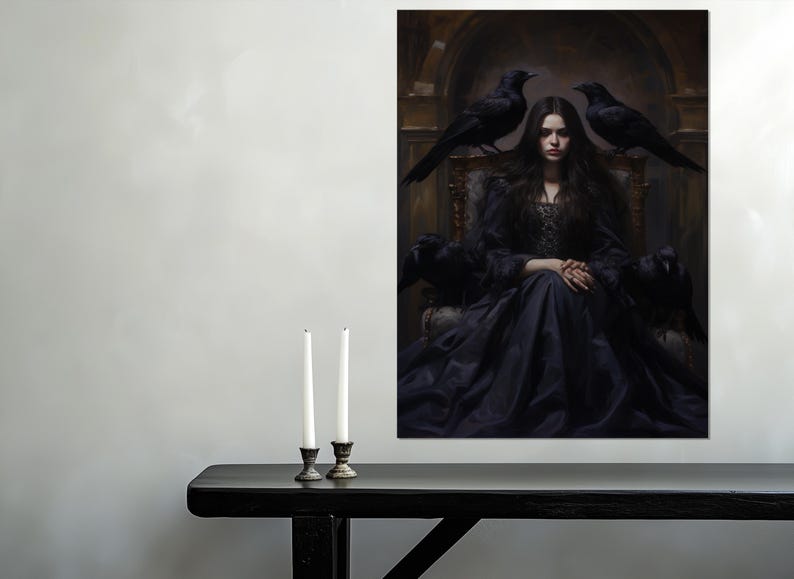 Witch and Her Ravens Painting Canvas Print, Gothic Wall Art, Dark Witch
