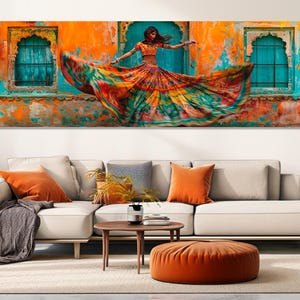 Linda mulher indiana dançando, pintura em tela, pintura do Rajastão, grande arte de parede da Índia, pintura de mulher do Rajastão, emoldurada e pronta para pendurar