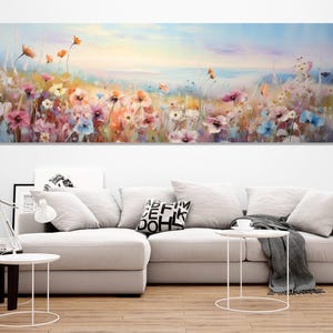 Wildblumen Feld Ölgemälde Leinwand DRUCK, Panorama-Wand-Kunst, große Blumen Leinwand Kunst, Wildblumen Poster, gerahmt und fertig zum Aufhängen