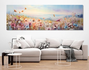 Wildflowers Field Oil Painting Canvas PRINT, Panoramic Wall Art, Large Floral Canvas Art, Wildflowers Poster, Framed and Ready to Hang