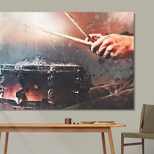 Impression sur toile batterie, art mural musique aquarelle, cadeau batteur, art toile batterie, art mural musique abstraite, cadeau musicien