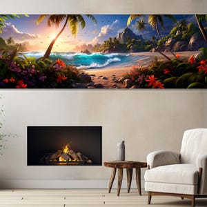 Fantasy Beach Painting, Large Beach Canvas Print, Ocean Beach Wall Art, Panoramic Beach Print, Framed and Ready to Hang