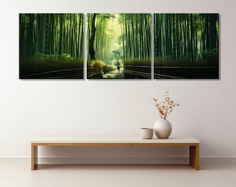 Lienzo impreso del Bosque de Bambú de Arashiyama, Kioto, Japón. Arte mural enmarcado y listo para colgar.