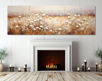 Cotton Field Oil Painting Canvas Print, Panoramic Wall Art, Large Floral Canvas Art, Framed and Ready to Hang